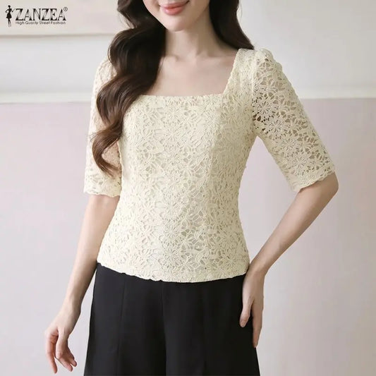 ZANZEA Women Classy Elegant Lace Patchwork Blouses Square Neck Half Sleeve Side Zipper Fitted Short Tops Summer Blusas de Mujer