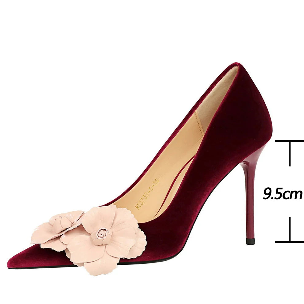 Fashiona High Heels 9.5 cm Color Blocked Flowers Women Pumps Thick Suede Elegant Banquet Shoes Stilettos Heeled Shoes Woman 2026