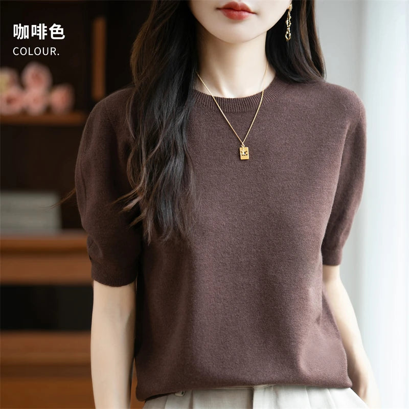 Autumn Women 100% Merino Wool Sweater O-Neck Cashmere Pullover Basic Fashion Short Sleeve Clothing Comfort Top Casual Solid
