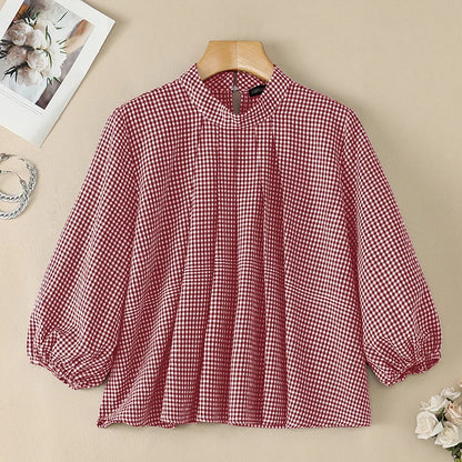ZANZEA Vintage Gingham Pleated Blouses Woman Mock Neck 3/4 Lantern Sleeves Loose Tops 2026 Autumn Casual Daily Wear Blusas Mujer