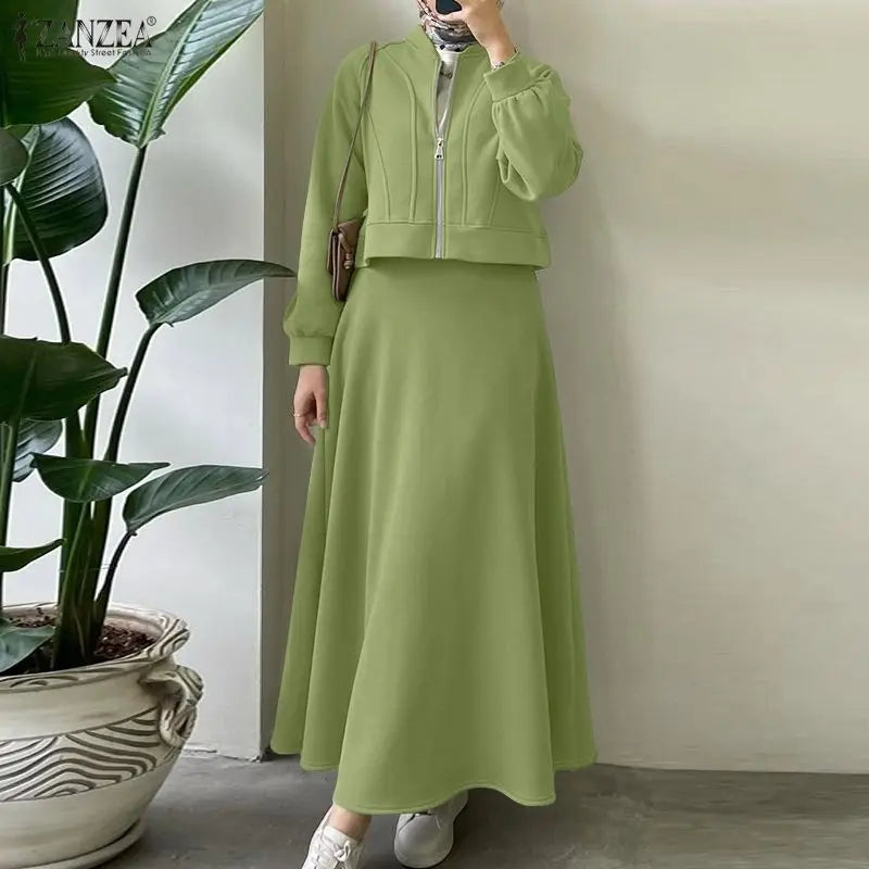 ZANZEA 2026 Spring Outfits Long Sleeve Blouse Skirt Suit Fashion Women 2 Pieces Sets Zipper Coats Maxi Dress Muslim Matching Set