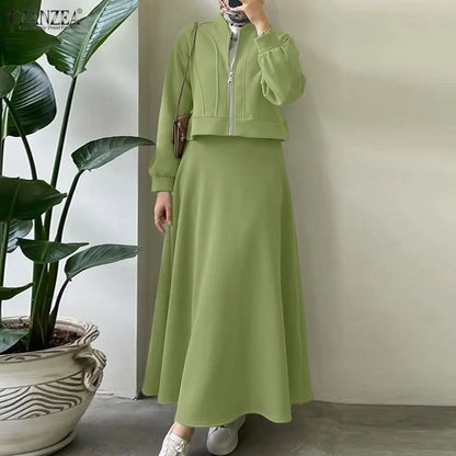 ZANZEA 2026 Spring Outfits Long Sleeve Blouse Skirt Suit Fashion Women 2 Pieces Sets Zipper Coats Maxi Dress Muslim Matching Set