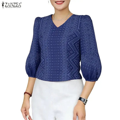 ZANZEA Woman Vintage Ethnic Print Blouses V-Neck 3/4 Lantern Sleeve Princess Seam Short Tops Summer Side Zipper Blusas de Mujer