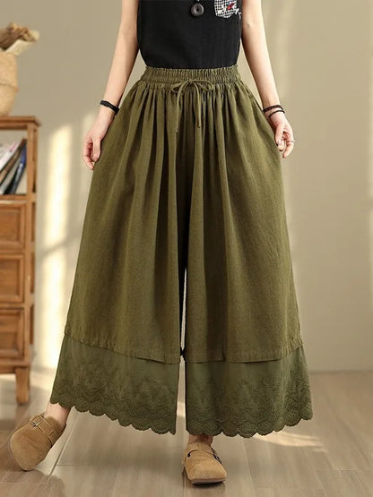 Spring Summer Lace Splicing  Color Wide Leg Pants Elastic Waist Casual Trousers Nine Points Pants Loose Fit Ladies Jeans