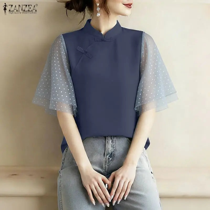 ZANZEA Woman Elegant Blouses Vintage Mandarin Collar Polka Dot Mesh Patchwork Half Sleeve Tops Summer Casual Blusas de Mujer