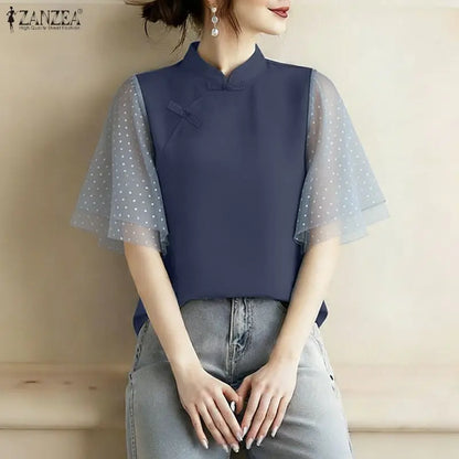 ZANZEA Woman Elegant Blouses Vintage Mandarin Collar Polka Dot Mesh Patchwork Half Sleeve Tops Summer Casual Blusas de Mujer