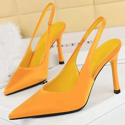 BIGTREE Shoes New Silks Satins Women Pumps Rear Strap Pointed End High Heels Stiletto Heels 9.5 Cm Summer High-Heeled Sandals