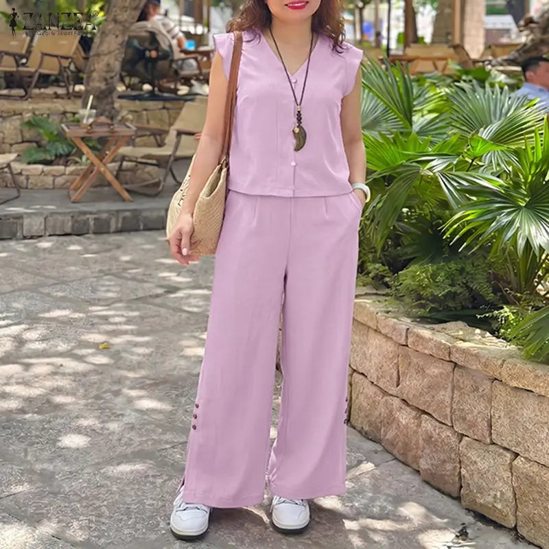 ZANZEA Womens Pant Sets Side Slit Wide Leg Pants & Ruffles Trim Sleeveless Tops 2 Piece Suits Summer Casual Bohemian Outfits