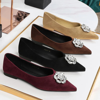 2026 Luxury Low Heeled Shoes Women Sharp Pointed Shallow Mouth Rhinestone Women's Shoes Suede Low Heeled Shoes With Women Pumps