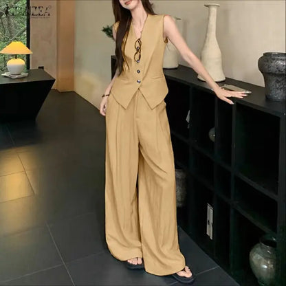 2026 ZANZEA Elegant Sleeveless Tank Tops Wide Leg Pant Sets Summer Women 2 Pieces Sets Elegant Solid OL Work Outfits Tracksuit