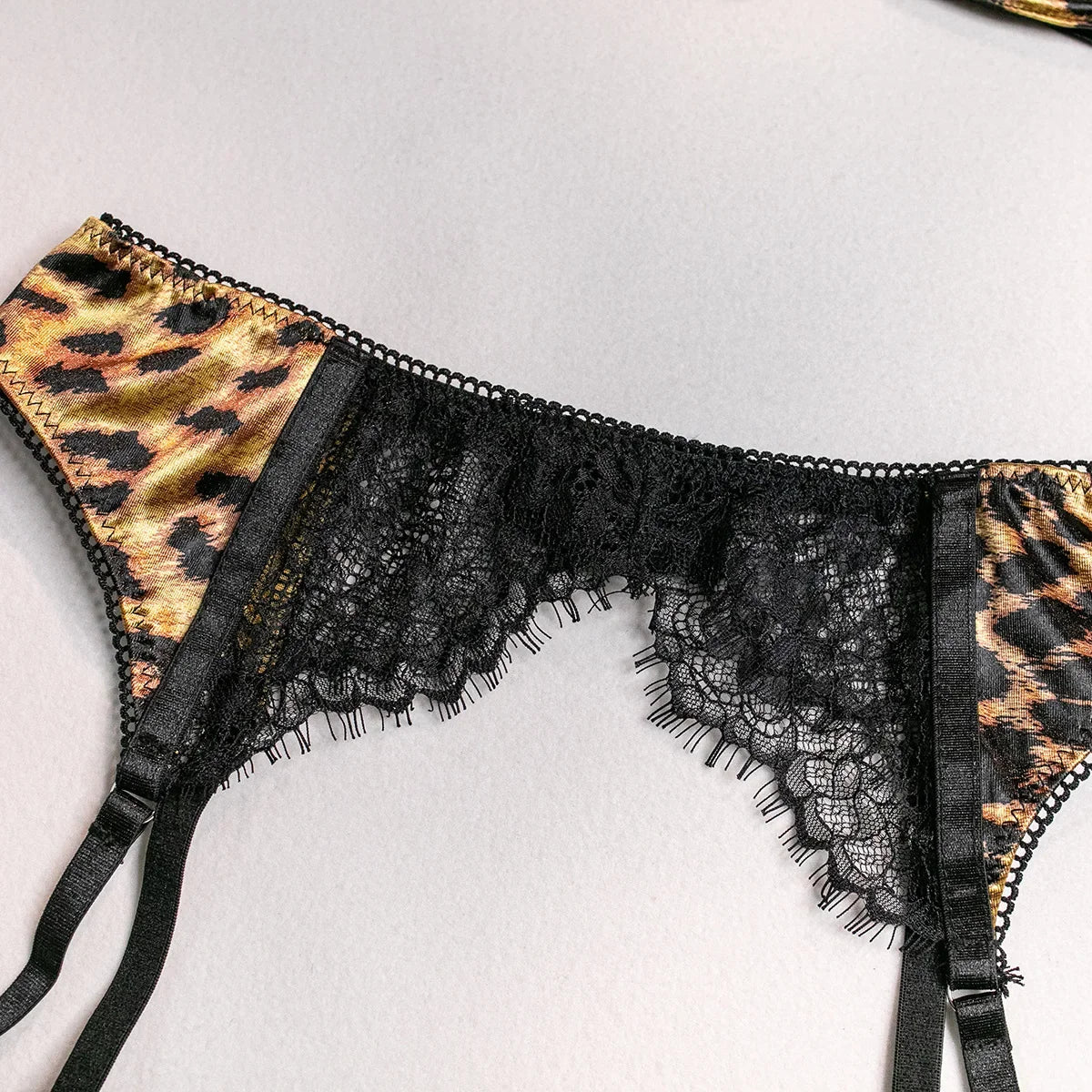 Sexy Wild Leopard Printed Lace Patchwork Lingerie Set Women Comfortable Three Piece Bra and Panty Set Female Exotic Apparel Suit