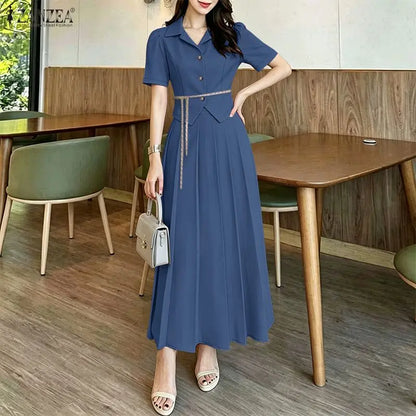 ZANZEA Women's Elegant Skirt Suits Collared Short Sleeve Shirt & Pleated Maxi Skirt 2 Pieces Sets Korean Fashion Party Outfits