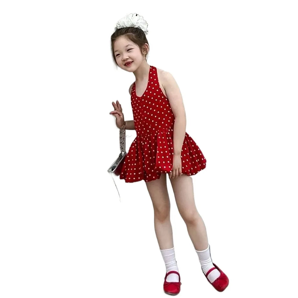 2026 summer kid baby party princess Girls halter Teenager backless vest polka dot slip dress tutu Bubble skirt 2 3 4 6 7 8 Years