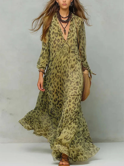 Sexy Deep V Neck High Waist Draped Party Dresses Woman Elegant Leopard Print Long Dress Spring Puff Sleeve Chiffon Holiday Dress