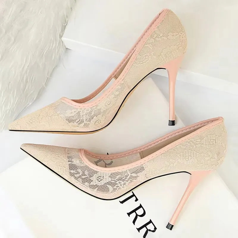 BIGTREE Shoes Mesh Hollow Lace Woman Pumps 2026 Spring Women Heels Sexy Party Shoes Thin Stiletto Heels Women Shoes 6 Colour