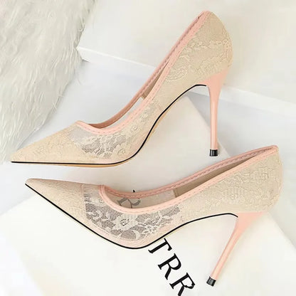 BIGTREE Shoes Mesh Hollow Lace Woman Pumps 2026 Spring Women Heels Sexy Party Shoes Thin Stiletto Heels Women Shoes 6 Colour