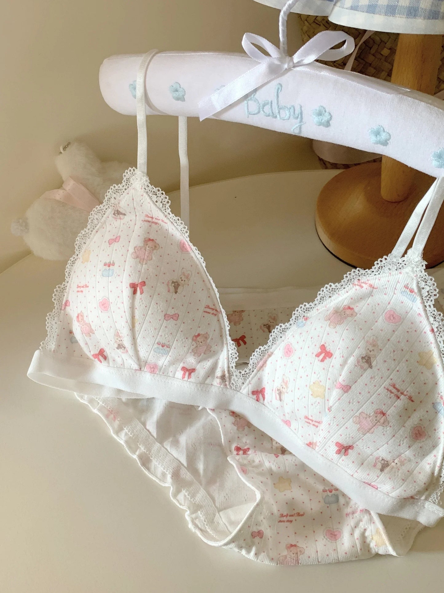 Secret of the Happy Little Bear Lingerie Sweet Feminine 100% Cotton Breathable Underwear Comfortable Small-Cup Bra Set Wire-Free