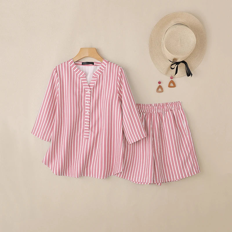 ZANZEA Fashion Spring Summer 2 Pieces Sets Striped Tracksuit Women V Neck 3/4 Sleeve Blouse Short Sets Casual Work Outfits 2026