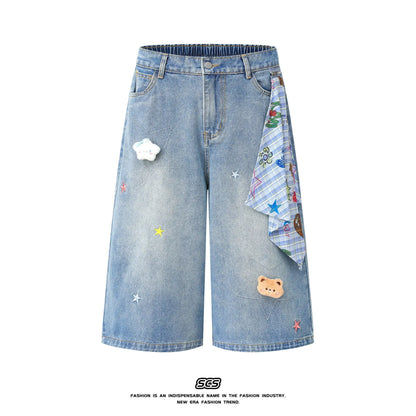 Seven-Quarter Length Embroidered Wide Leg Loose Fit Thin Denim Shorts Summer New Style Korean Style High Waist Straight Tube ...