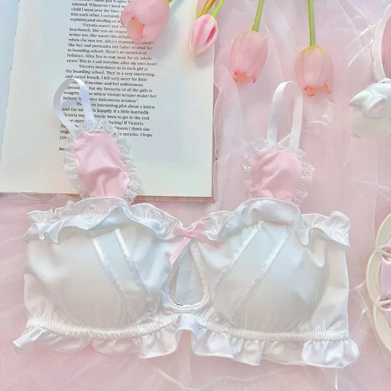 Japanese Cute Girl Lace Bra Set Hollow Sexy Sweet Rimless Underwear Bras for Women