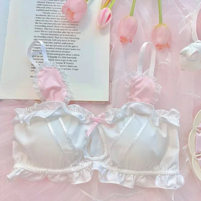 Japanese Cute Girl Lace Bra Set Hollow Sexy Sweet Rimless Underwear Bras for Women