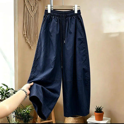 Loose Casual Pants Women Summer Large Size Comfortable Small Nine Points Balloon Pants High Waist Straight Leg Pure Color