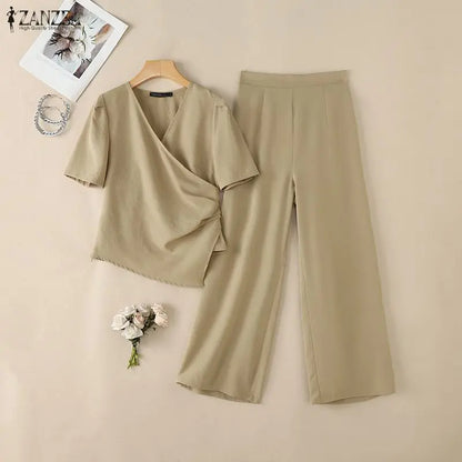 ZANZEA Women Elegant Chic 2pcs Pant Sets Short Sleeve Asymmetrical Blouses & Wide Leg Pants 2 Piece Suits OL Commute Outifts