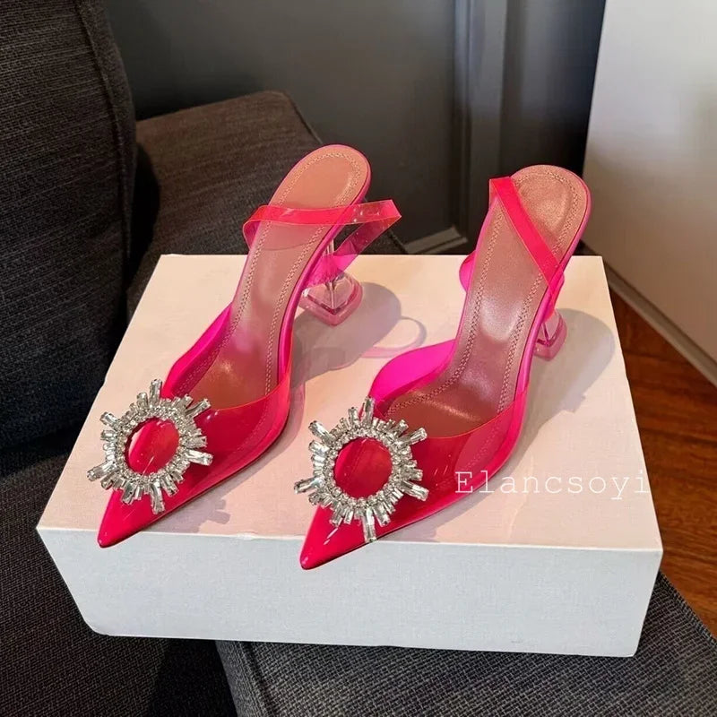 Summer Crystal Flower High Heels Women Transparent PVC Cup Heels Sandals Pointed Toe Back Strap Sandalias Sexy Party Dress Shoes