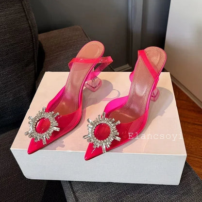 Summer Crystal Flower High Heels Women Transparent PVC Cup Heels Sandals Pointed Toe Back Strap Sandalias Sexy Party Dress Shoes