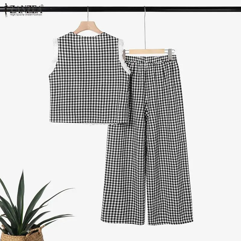 ZANZEA Women's Vintage Casual Pant Sets Wide-Leg Pant & Lace Trim Vests Tops Gingham 2 Pieces Sets Summer Pant Suits Outfits
