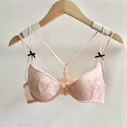 Minimal Romantic Coquette Lace Front Clasp Bra Set Wirefree Ultra Thin Straps Beauty Back Small Bust Create Curvy Lookr MOYISU