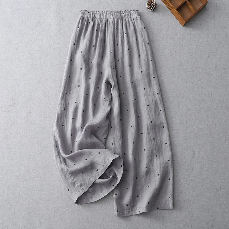 Casual Cotton Linen Pants Women Summer Style Elastic Waist Artistic Polka Dot Print Nine Point Pants Loose Fit Commute Style