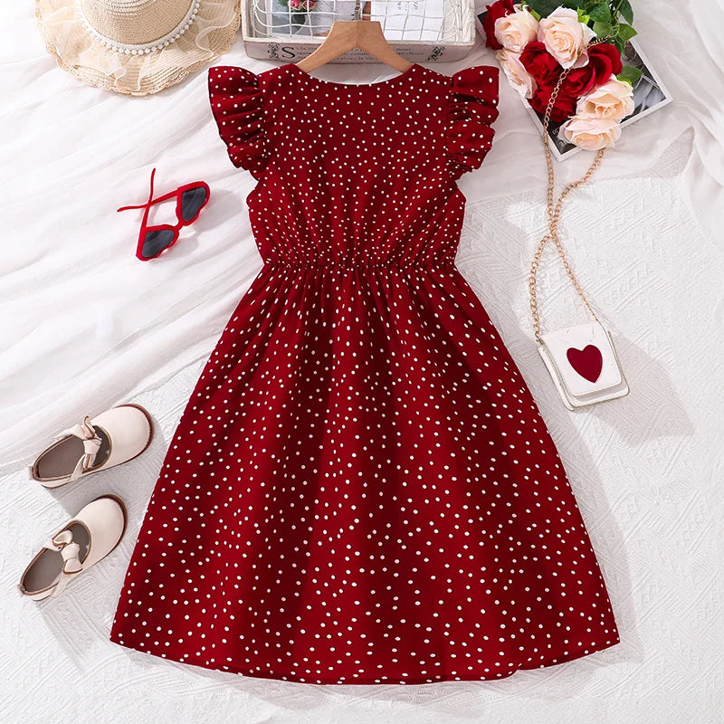 Kids Summer Girl 4-12 Years Old Red Sleeveless Flying Sleeve Polka Dot V-neck Waist Dress Simple Temperament Fashion Daily Style