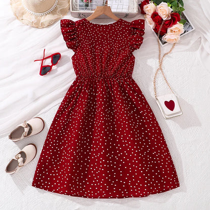 Kids Summer Girl 4-12 Years Old Red Sleeveless Flying Sleeve Polka Dot V-neck Waist Dress Simple Temperament Fashion Daily Style