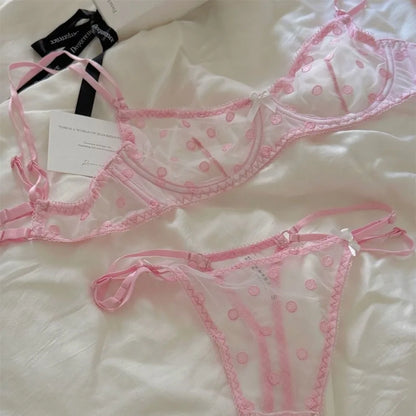Polka Dot Lace Embroidery Bra Set Soft Underwire Ultra Thin No Padding See Through Mesh Push Up Lingerie For Young Girls Daily