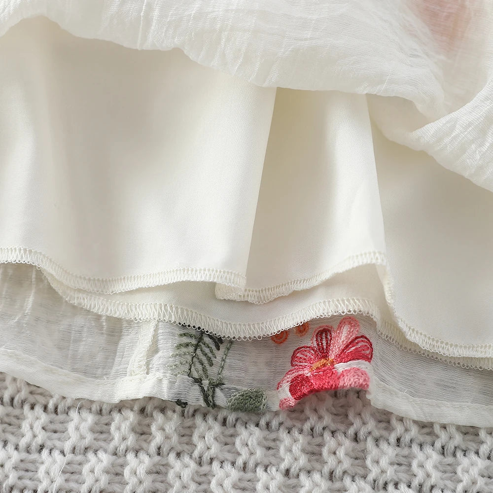 Girls Sweet Dresses Summer Embroidered Sleeveless Hanging Neck Beach Dress Leisure Vacation Dress Kids Clothes