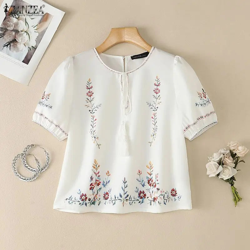 ZANZEA Fashion Summer Blouses Casual Short Sleeve Blusas Women Blouse Floral Print Tops OL Work Party Tunic Streetwear Oversize