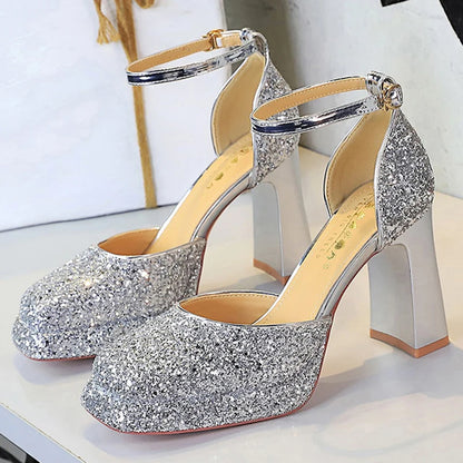 BIGTREE Shoes Chunky Block Heels Women's Sandals Sequined High Heels Fashion Wedding Shoes Platform Sandals Summer Women Shoes