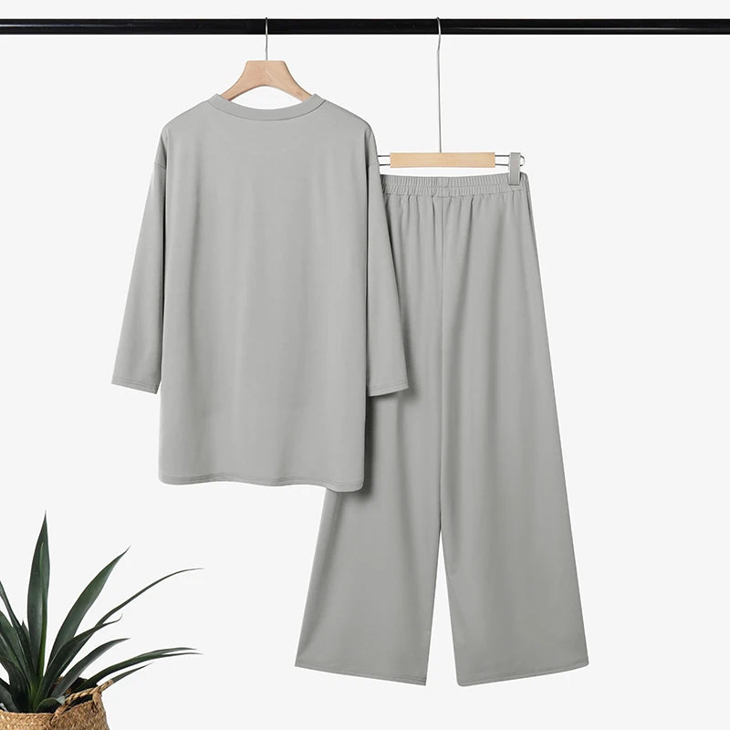 ZANZEA Autumn Outfits Women Casual O Neck Long Sleeve Tops Wide Leg Pants Sets 2 Piece Sets Solid Color Loose Tracksuit Oversize