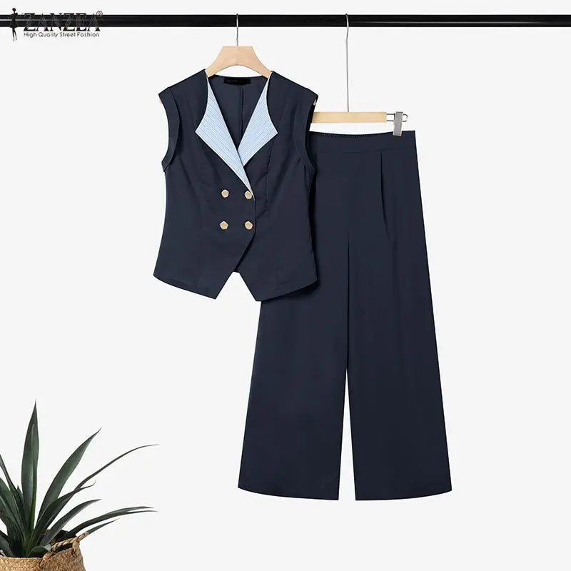 2026 ZANZEA Summer Lapel Neck Sleeveless Tanks Tops Trousers Suit Women 2 Piece Sets Elegant OL Work Pants Sets Patchwork Outfit
