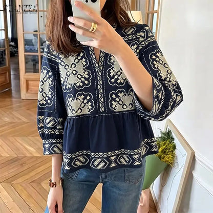 ZANZEA Women Summer Ethnic Floral Print Blouses Casual V-Neck 3/4 Lantern Sleeves Peplum Tops Bohemian Vacation Blusas Mujer