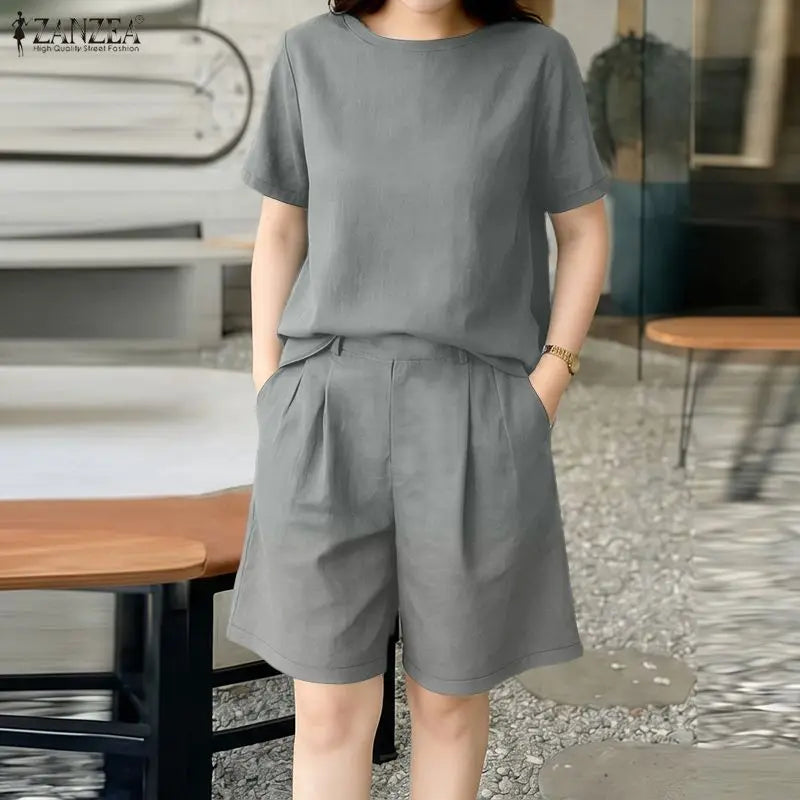 Fashion Summer Short Sleeve Blouse Short Sets 2026 ZANZEA Women Solid Color Tracksuit 2026 Stylish OL Work Outfits 2 Pieces Sets