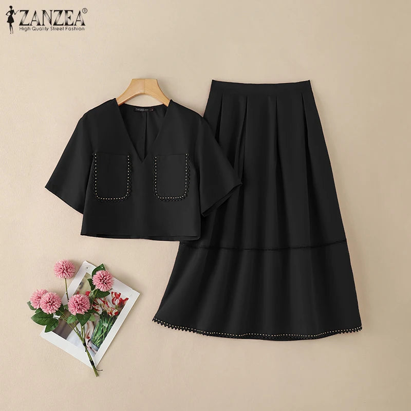2026 ZANZEA Summer Elegant V Neck Short Sleeve Blouse Dress Sets Stylish Women Outfits Elegant OL Work Suit Solid 2 Pieces Sets