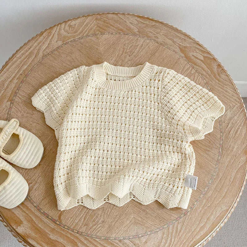 2026 New Summer 0-6Yrs Children Clothes Suit Short Sleeved Solid Color Knitted Pullover+Shorts Newborn Baby Girls Clothing Set