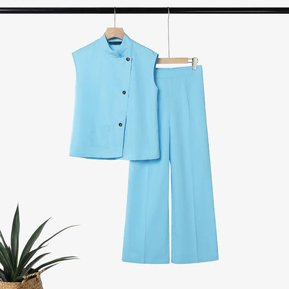 ZANZEA Summer Outfits Sleeveless Stand Neck Blouse Wide Leg Pant Sets Stylish Women 2 Pieces Sets Solid Color OL Work Tracksuit