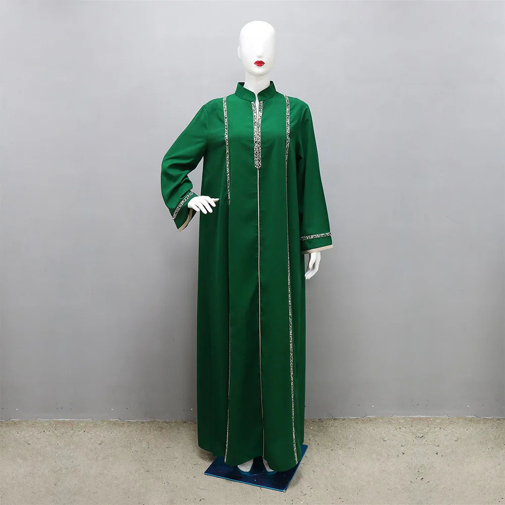 Morocco Abaya Women Dress Diamond Tape Trim Maxi Dress Autumn 2026 Stand Collar Long Sleeve Loose Oman Turkey Dubai Muslim Robe