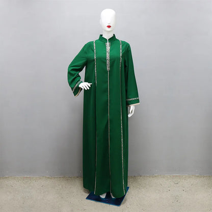 Morocco Abaya Women Dress Diamond Tape Trim Maxi Dress Autumn 2026 Stand Collar Long Sleeve Loose Oman Turkey Dubai Muslim Robe