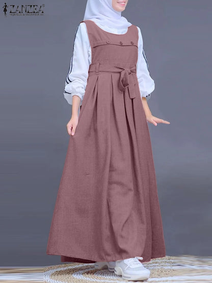 ZANZEA Muslim Abaya Hijab Dress Women Spring Maxi Long Dress Fashion Summer Sleeveless Overalls Dresses Kaftan IsIamic Clothing
