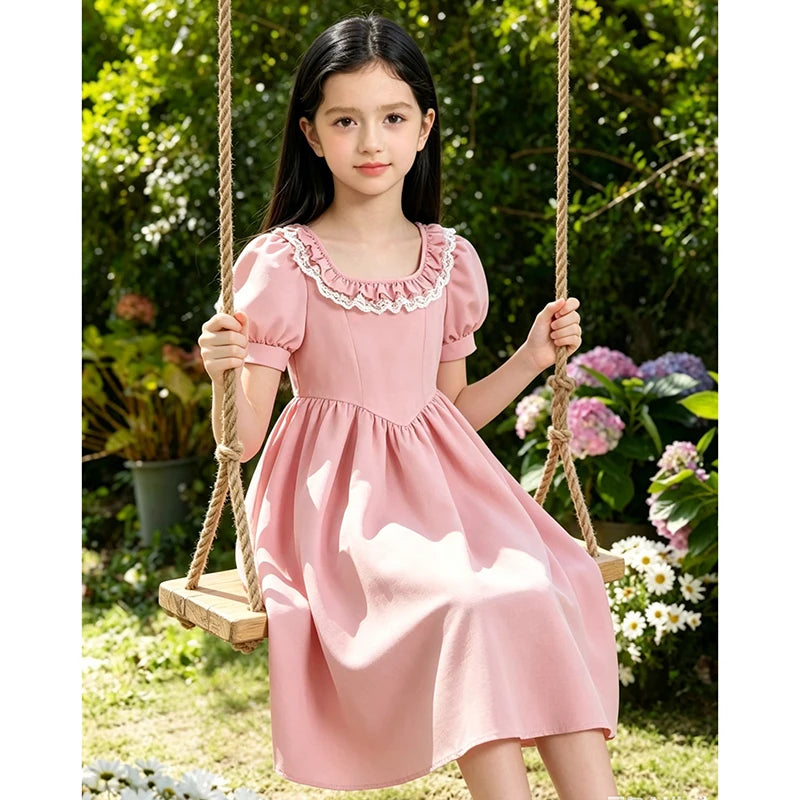 Sweet Elegant Pink Long Skirt Dress for 8-12 Year Old Girls Summer Square Collar Bubble Sleeve Lace Princess Party Gown