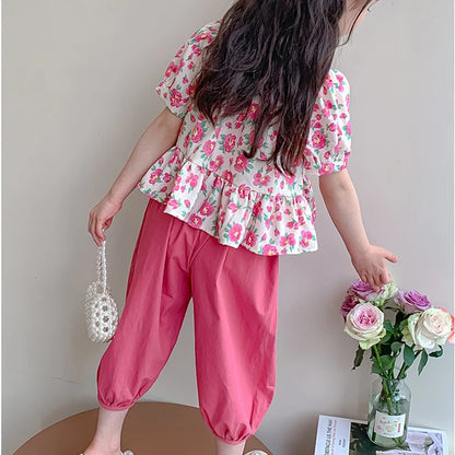 1Sets Girls Floral Print Set Kids Summer Short Sleeve Tops And Long Pants Suit Baby Fashion Costume Cute Children Leisure Sets